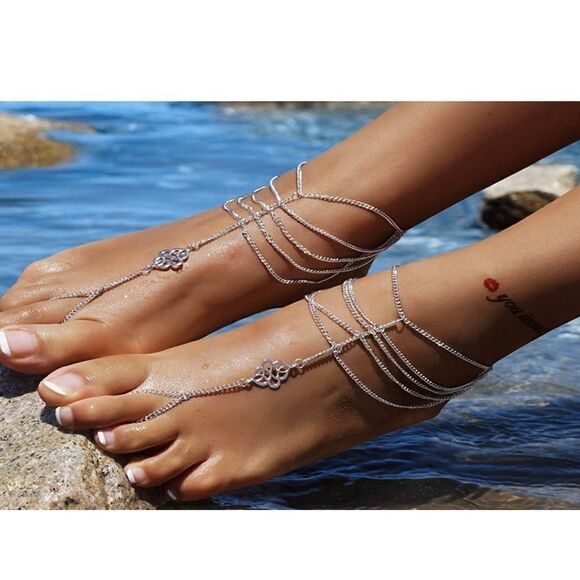 Silver Celtic Knot Multilayered Adjustable Anklet Foot Chains - Set of 2 - Picture 3 of 6